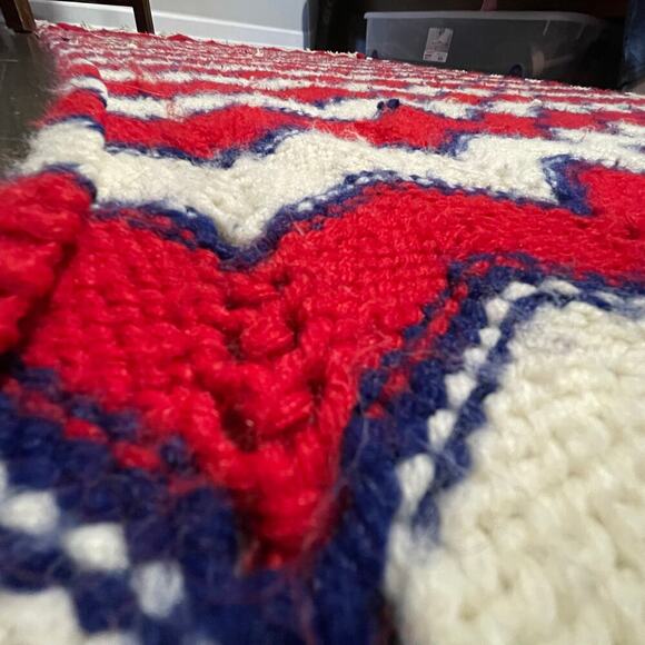 Vintage Handmade Zigzag Fringe Tassel Red White Blue Granny Afghan Throw - Picture 5 of 7